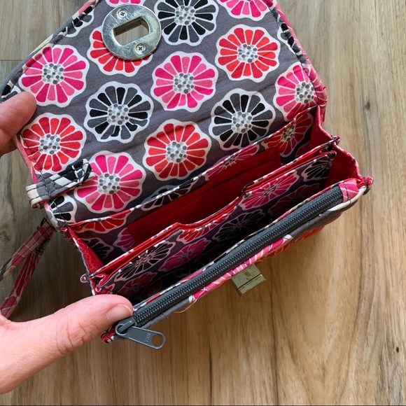 VERA BRADLEY Wallet Wristlet Cheery Blossoms Turn Lock Envelope Gray Red Pink - Picture 3 of 13
